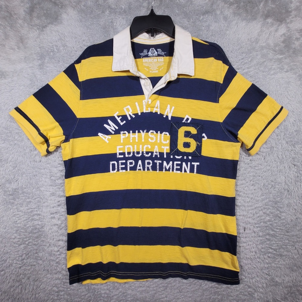 American Rag Rugby Polo Mens XL Yellow Navy Blue Striped Graphic Short Sleeve